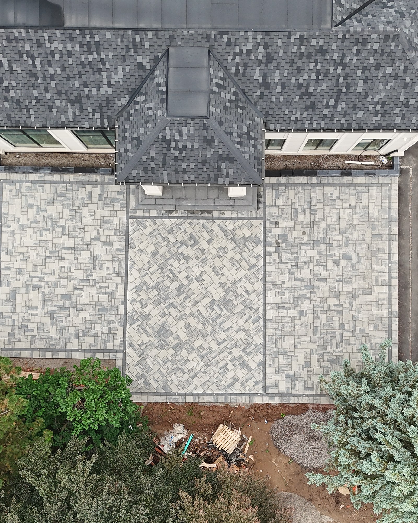 Completed backyard stonework viewed from above