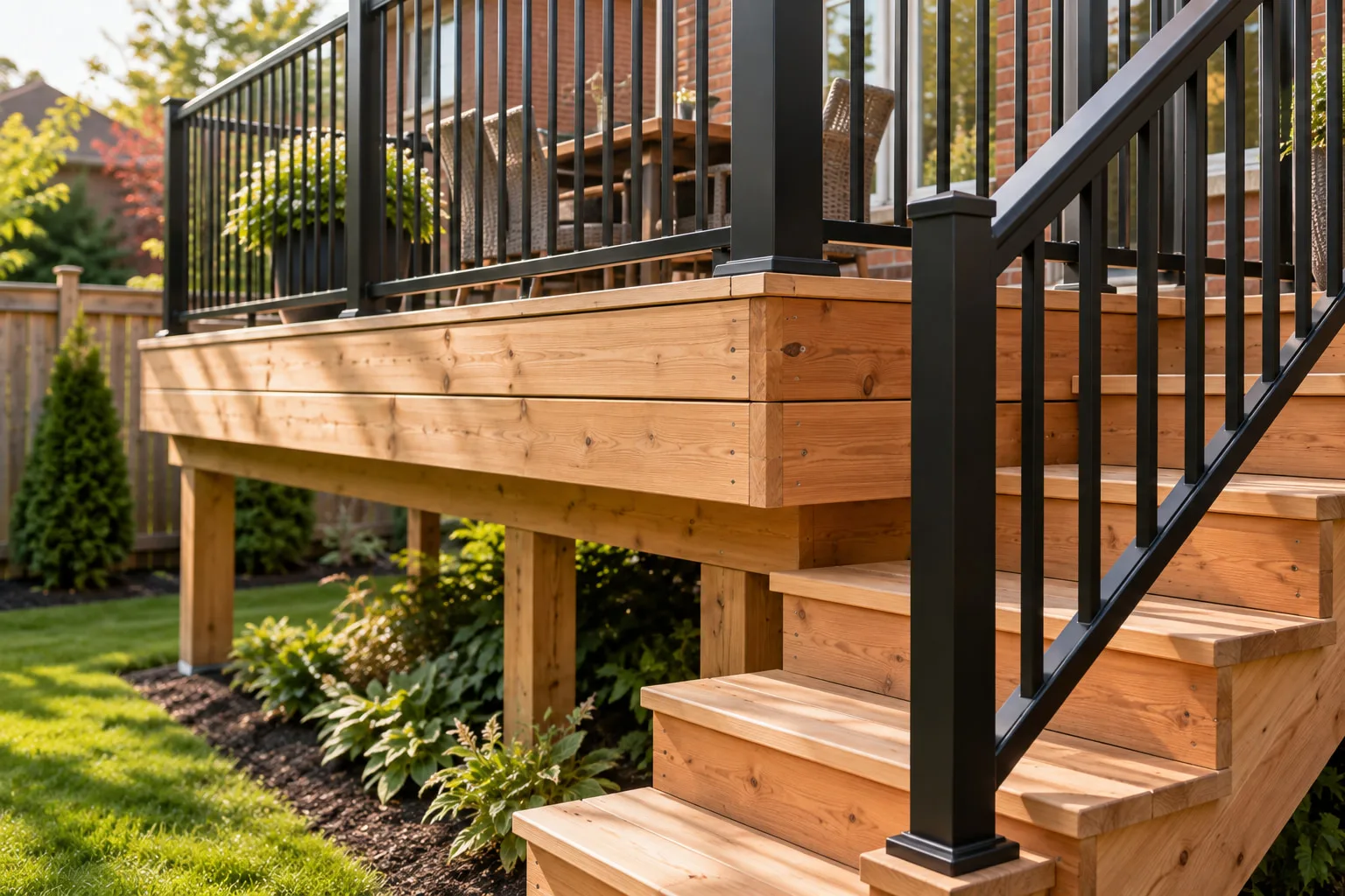 Concept image of cedar deck boards and a realistic black railing connection detail.