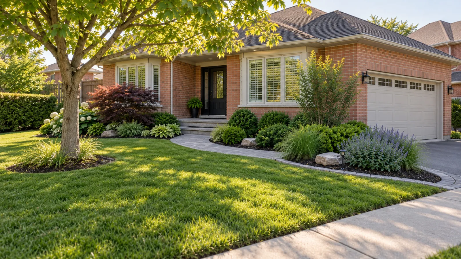 Concept image of the refreshed front landscape from the walkway showing layered planting and lawn.