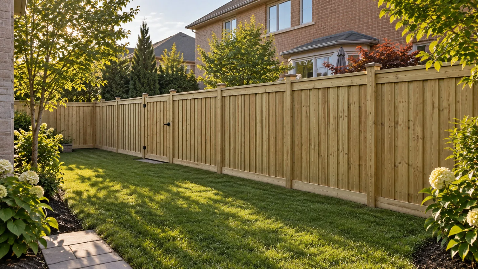 Concept image of the backyard gate and fence line following the natural grade beside the lawn.