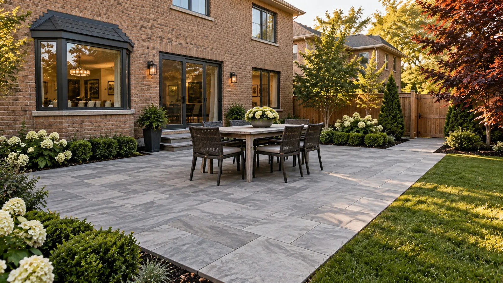 Concept image of the dining patio transition into the lawn and surrounding planting beds.