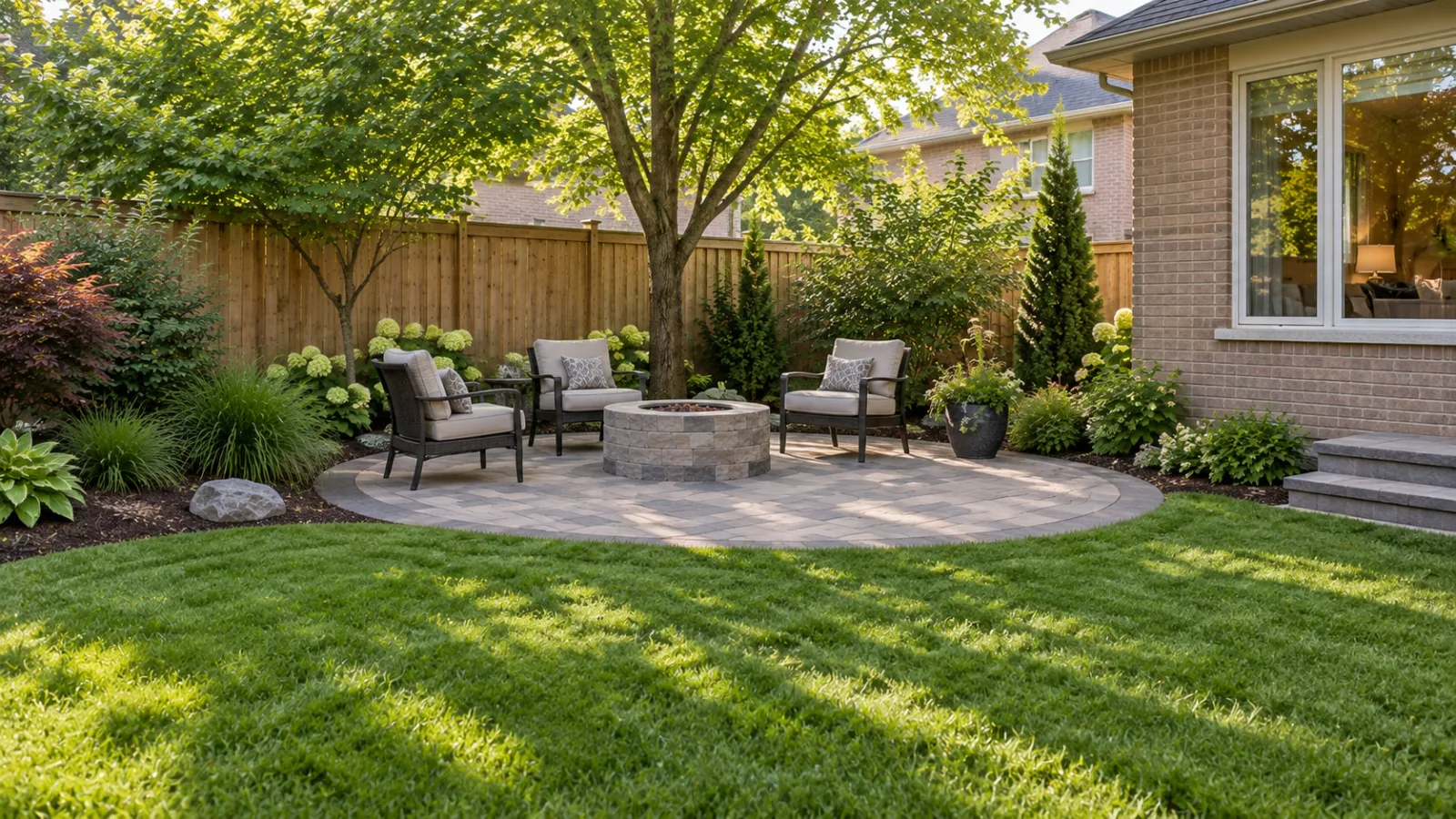 Concept image of the curved sitting area from a side angle showing planted edges and seating.