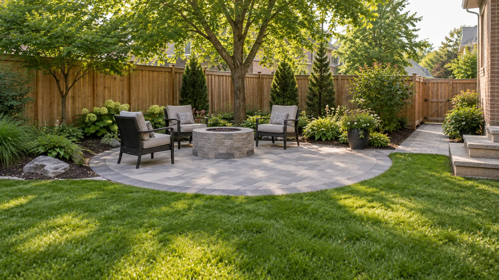 Concept image of the curved patio transition between the lawn, garden bed and walking route.
