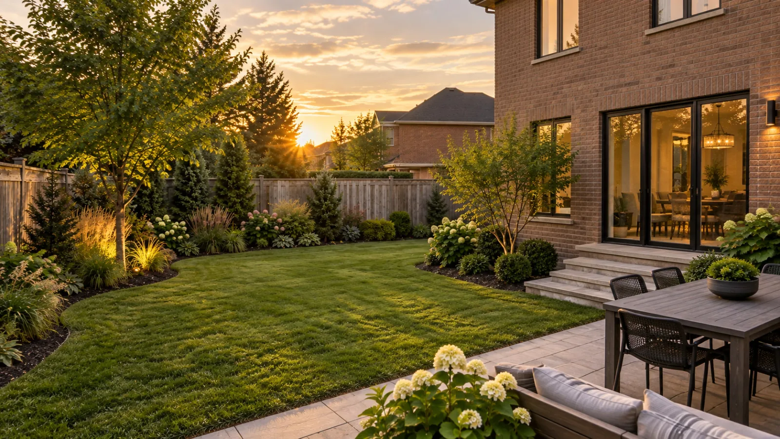 Concept image of the backyard renewal from a side angle showing usable grass and the fence context.
