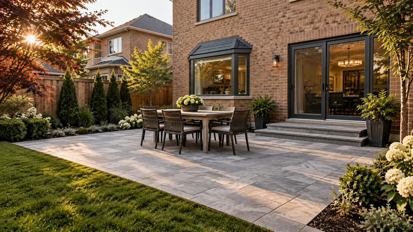 Concept image of the stone patio from the garden showing furniture clearance and the lawn edge.
