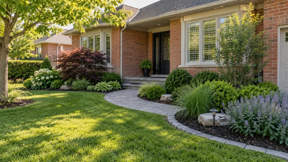 Concept image of a low-maintenance front yard with shrubs and grasses at a typical GTA home.