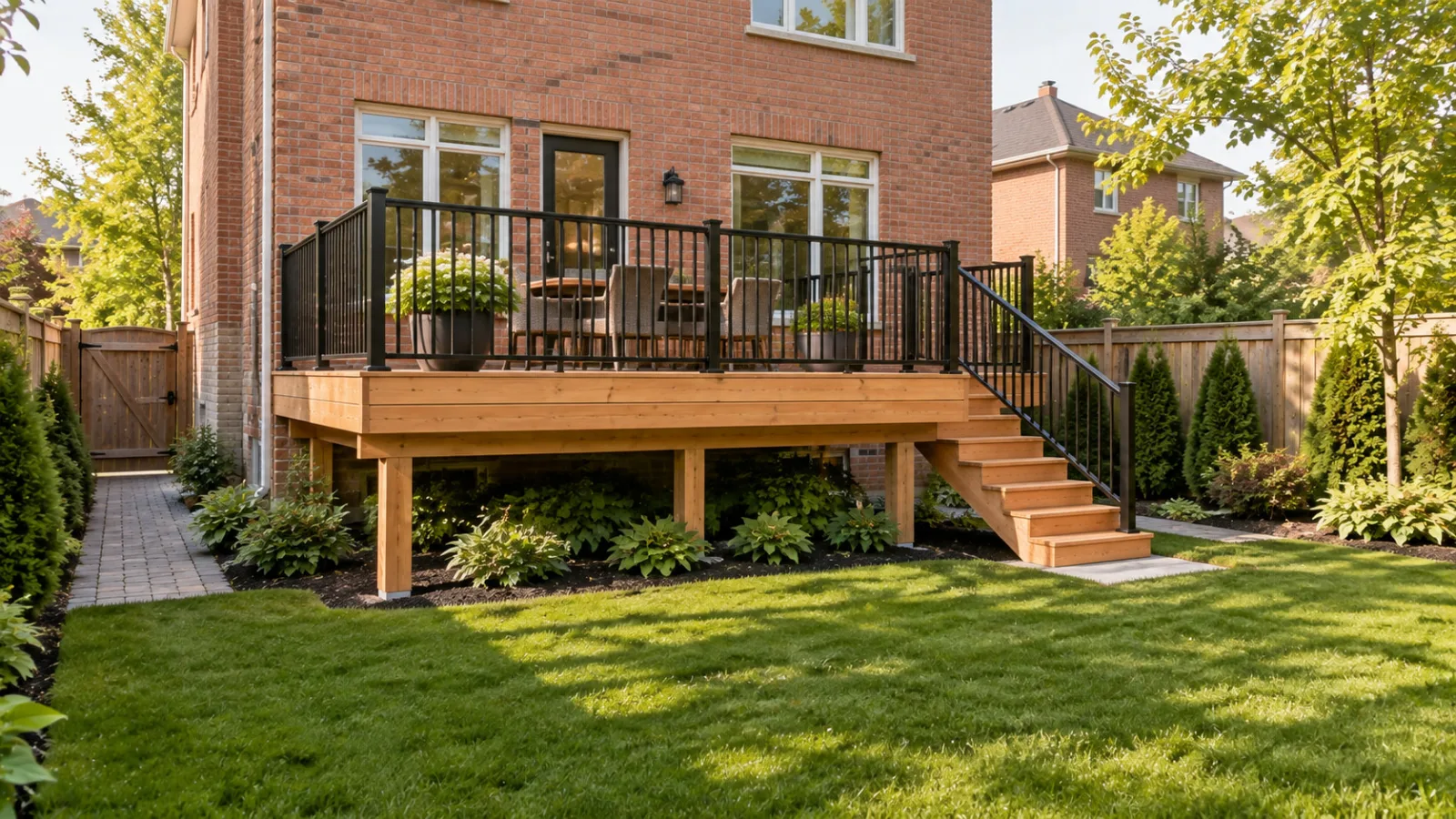 Concept image of the elevated deck transition from the stairs to the lawn and garden edge.