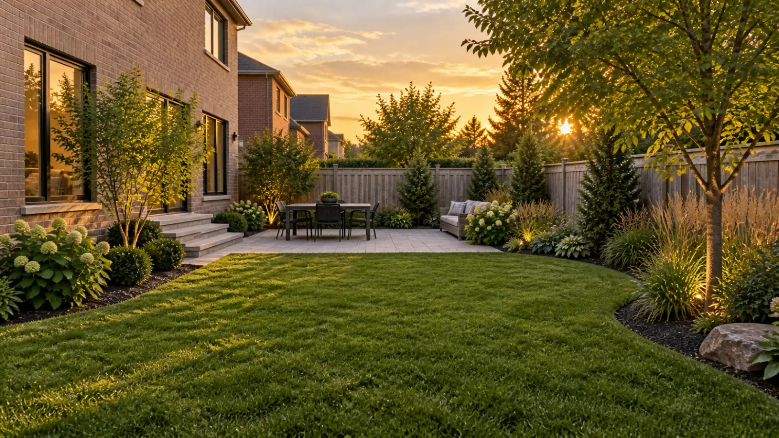 Concept image of the backyard lawn transition into the planting bed and boundary shrubs.