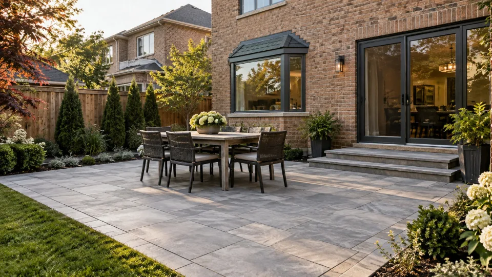 Concept image of a large-format rectangular stone dining patio behind a realistic GTA home.