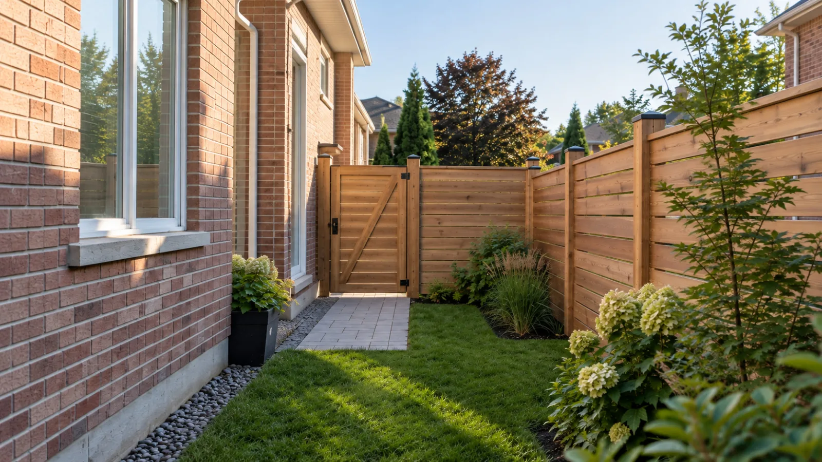 Concept image of the cedar fence from a three-quarter angle showing the gate beside the brick home.