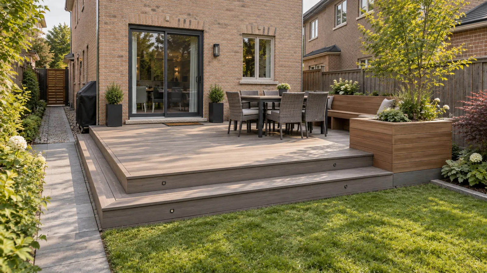 Concept image of wide deck steps creating a natural transition from the entertaining area to the lawn.