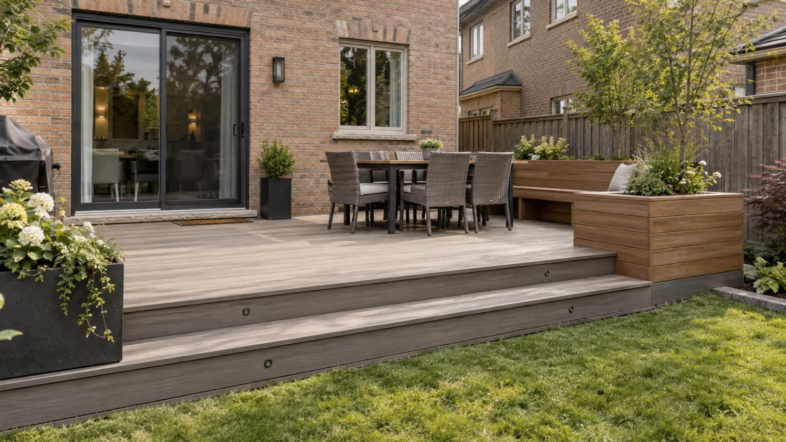 Concept image of a warm-grey ground-level composite deck with broad steps behind a GTA brick home.