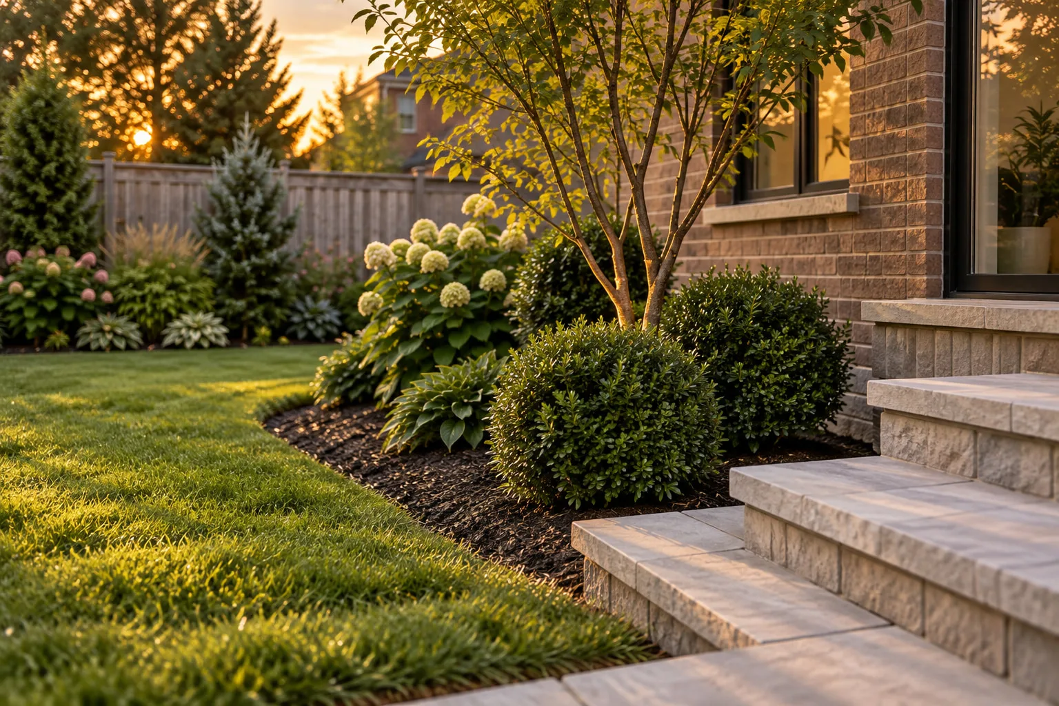 Concept image of mixed shrubs, perennials, mulch and a clean planting-bed edge beside the lawn.