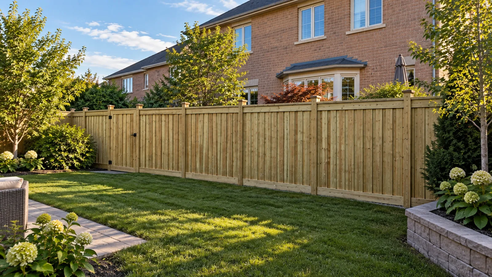 Concept image of the fence renewal from the lawn showing capped posts and the practical gate.