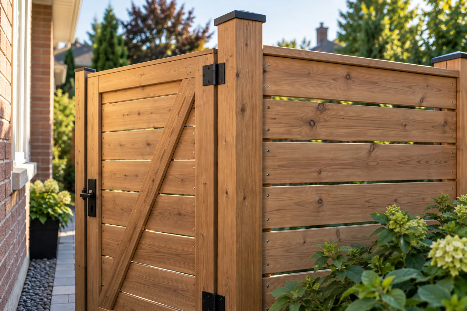 Concept image of aligned horizontal cedar boards, a sturdy post and black gate hardware.